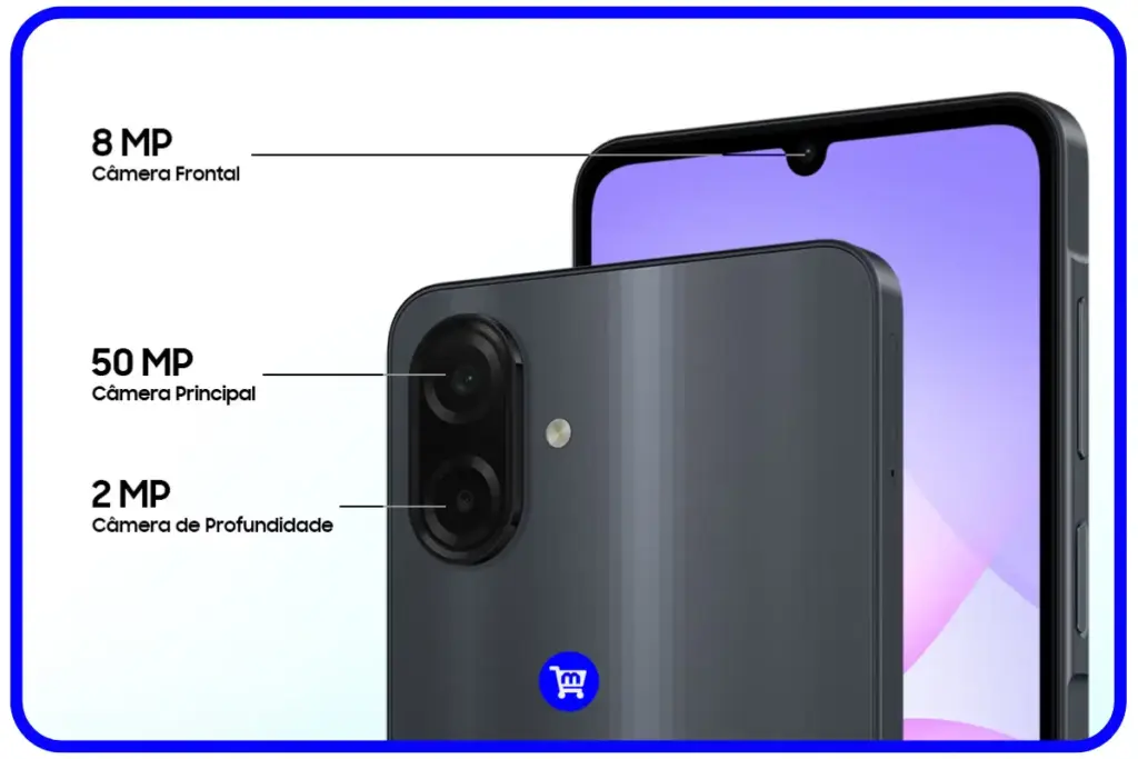 Samsung Galaxy A07 é bom? Análise Completa em 2025 6 Samsung Galaxy A07 com câmera principal de 50MP, câmera de profundidade de 2MP e câmera frontal de 8MP