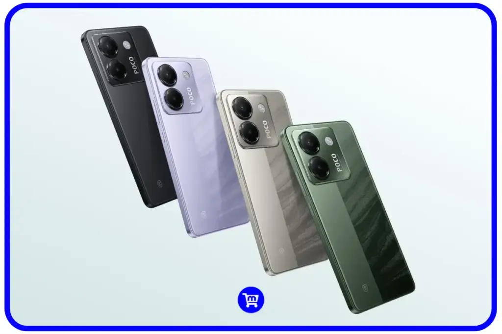 Poco M7 Pro é bom? Análise Completa da Ficha Técnica e Preços em 2025 3 Quatro unidades do Poco M7 Pro em diferentes cores: preto, roxo, prata e verde, exibindo o design traseiro com textura