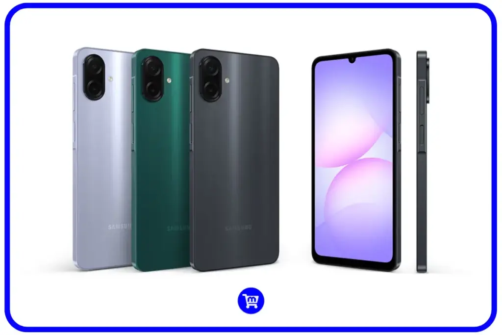 Samsung Galaxy A07 disponível em 3 cores: verde, preto e violeta. 