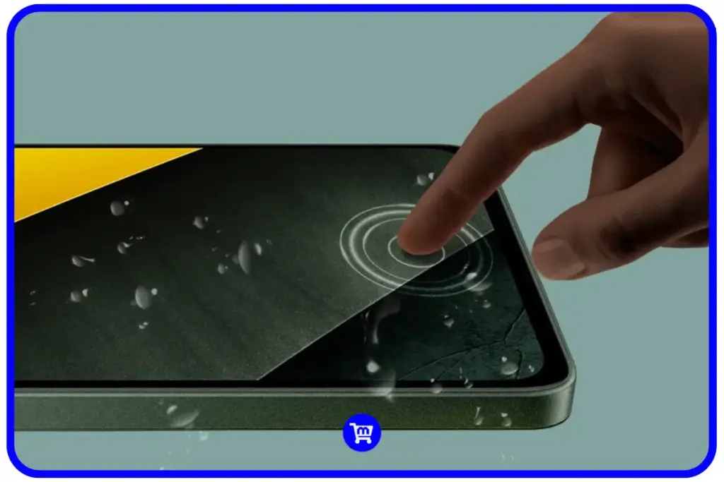 Poco M7 Pro é bom? Análise Completa da Ficha Técnica e Preços em 2025 8 Dedo tocando a tela de um Poco M7 Pro com gotas d'água demonstrando o recurso Wet Touch