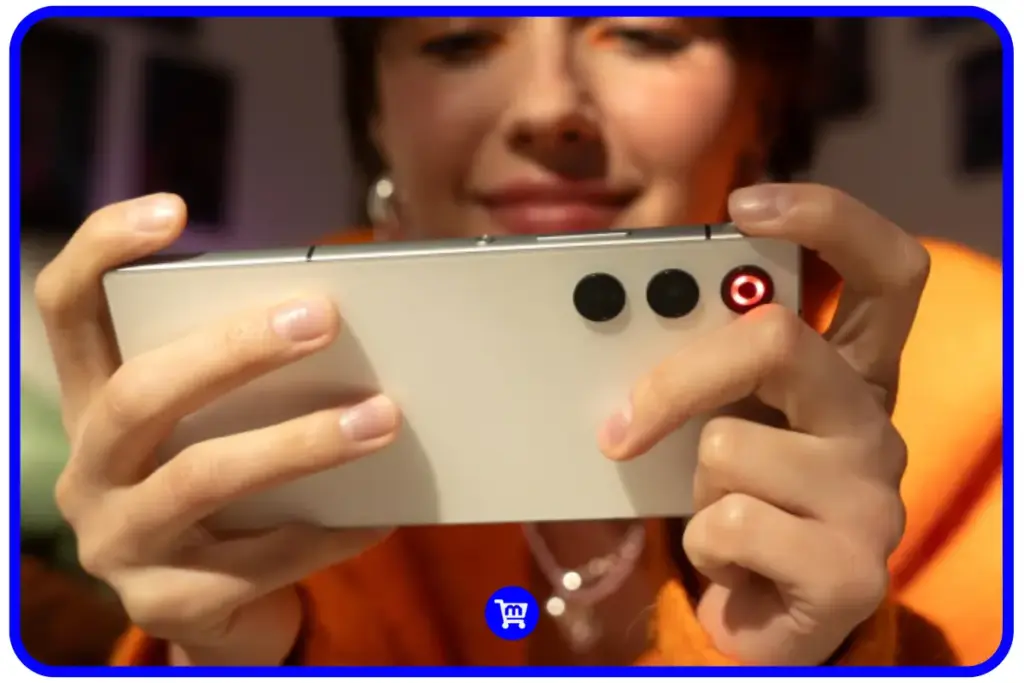 Sistema de câmera dupla do RedMagic 10 Air com módulos pretos circulares e LED vermelho na traseira branca do aparelho