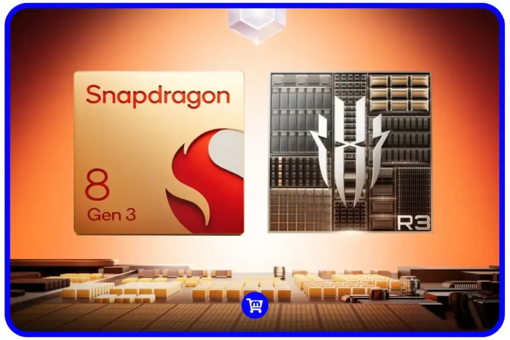 Processador Snapdragon 8 Gen 3 e chip RedCore R3 exibidos lado a lado com fundo laranja, destacando o poder de processamento do RedMagic 10 Air