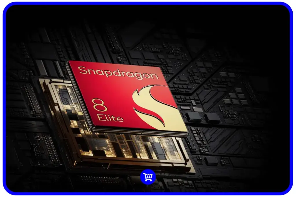 Chipset Snapdragon 8 Elite vermelho sobre circuito eletrônico