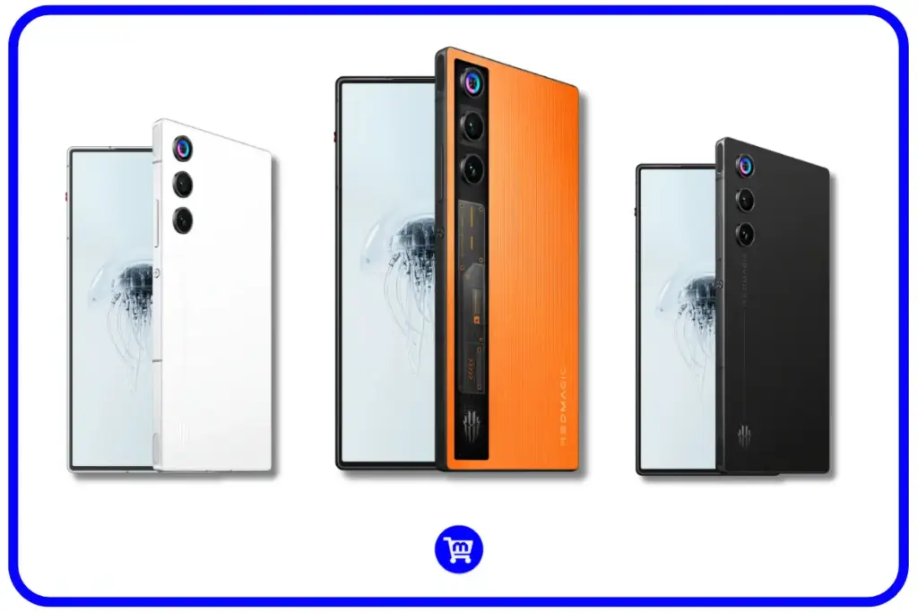 RedMagic 10 Air nas três cores disponíveis: Twilight (preto), Hailstone (branco) e Flare (laranja) mostrando o design ultrafino com tela sem interrupções