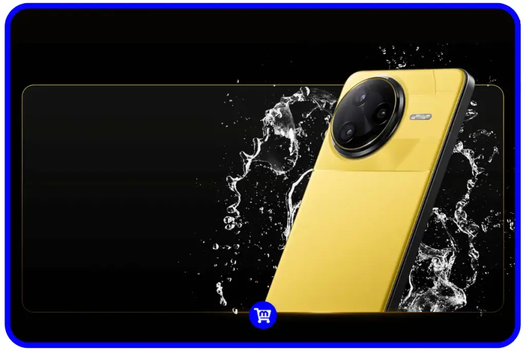 Poco F7 Ultra na cor amarela com respingos de água mostrando resistência IP68