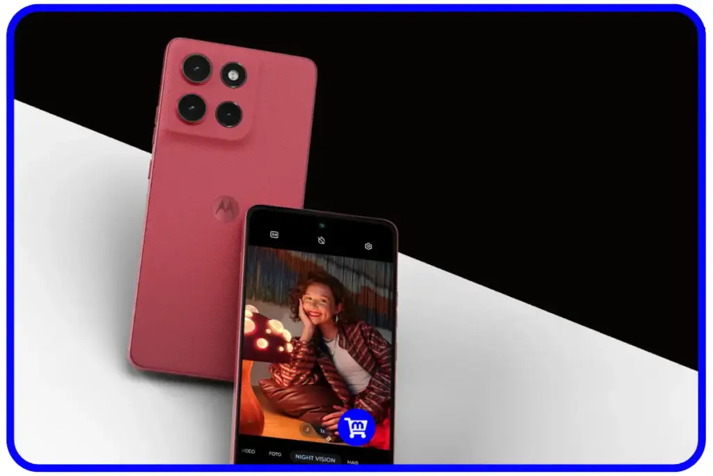 Moto G86 na cor vermelho Chrysanthemum mostrando design traseiro e tela com foto