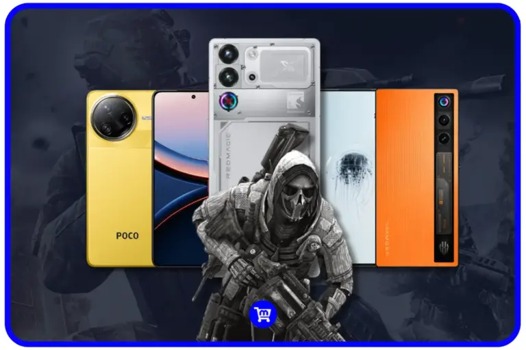 Melhores celulares para jogos de 2025 mostrando smartphones de diferentes marcas (Poco amarelo, RedMagic prata e RedMagic laranja) ao lado de um personagem de game com máscara tática.