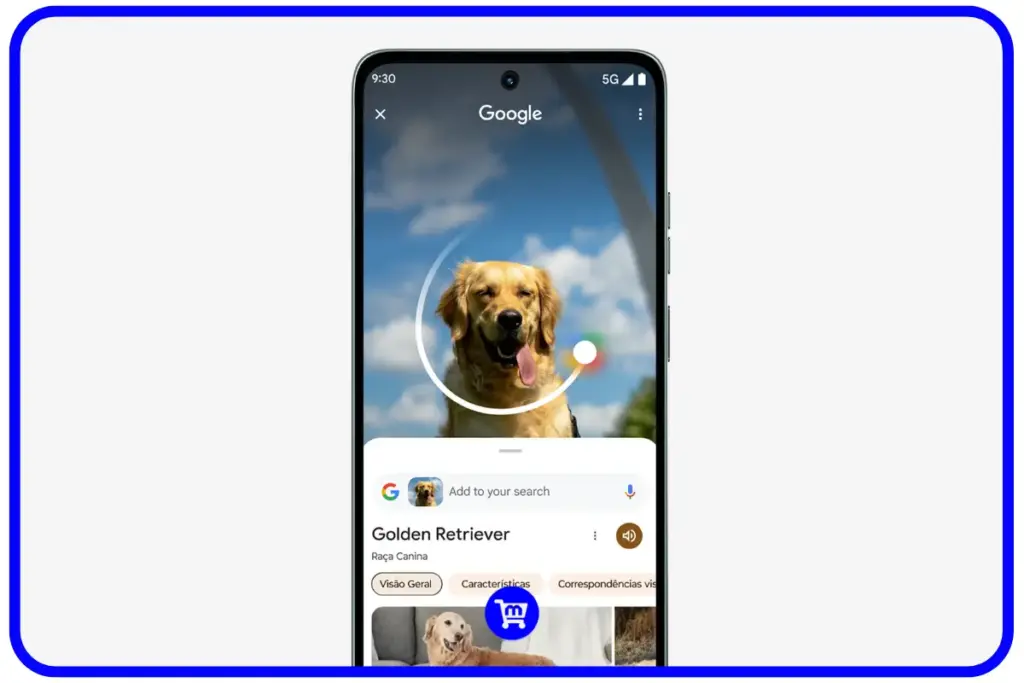 Moto G56 é bom? Análise detalhada da ficha técnica em 2025 9 Tela do Moto G56 exibindo recurso de pesquisa por imagem do Google com foto de um golden retriever