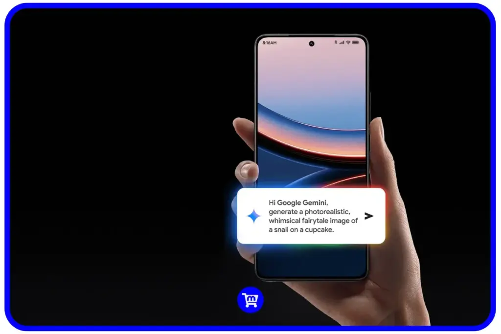 Mão segurando Poco F7 Ultra mostrando interface do Google Gemini para geração de imagens por IA