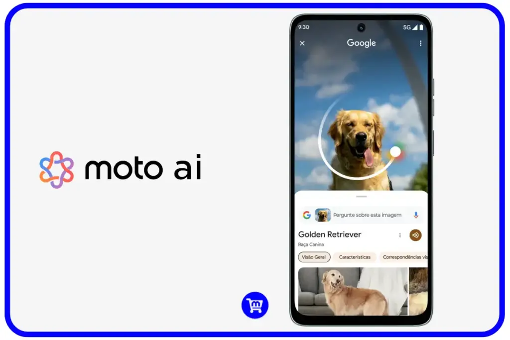 Interface Moto AI no Moto G86 mostrando busca por imagem de cachorro Golden Retriever