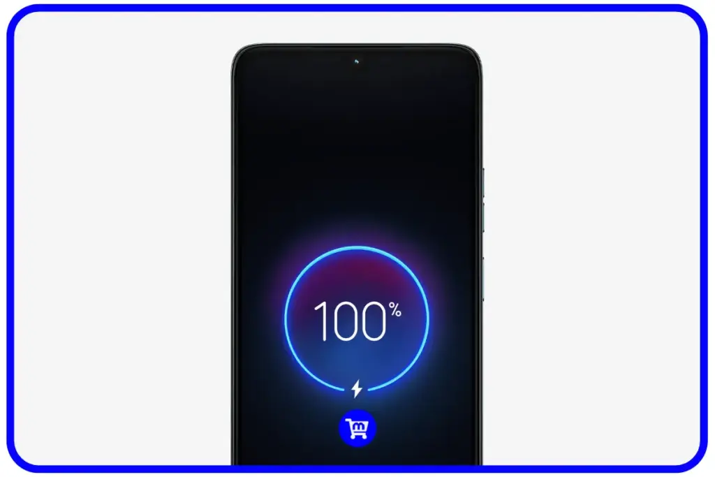 Smartphone Moto G06 exibindo indicador de bateria 100% carregada na tela com ícone de raio