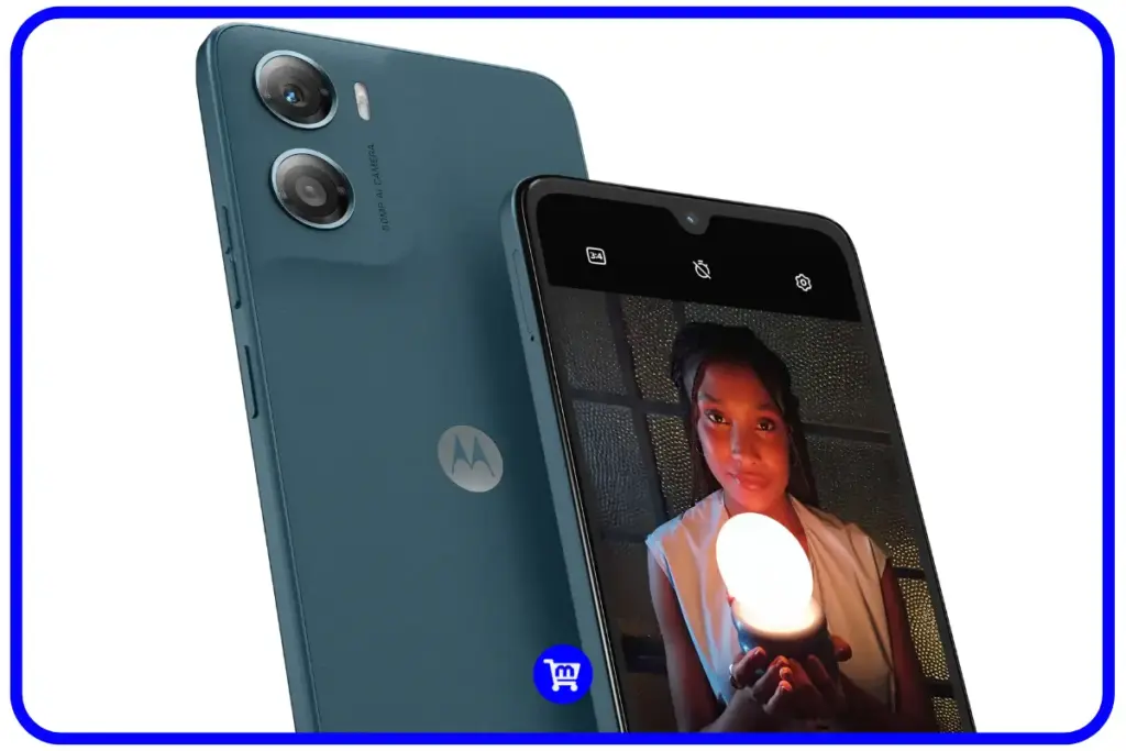 Moto G06 mostrando câmera traseira de 50MP e tela frontal capturando selfie