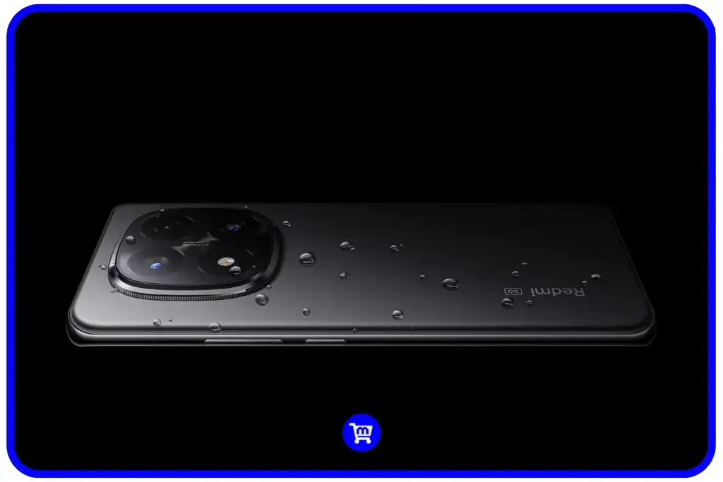 Redmi Note 14 Pro+ com certificação IP68 mostrando resistência à água com gotas sobre a superfície
