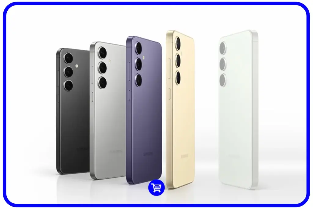 Galaxy S24 em cinco cores diferentes (preto, cinza, violeta, creme e branco) mostrando design compacto e módulo de câmera tripla