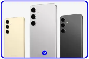 Galaxy S24 vale a pena - três unidades nas cores creme, cinza e preto mostrando design traseiro com módulo de câmera tripla