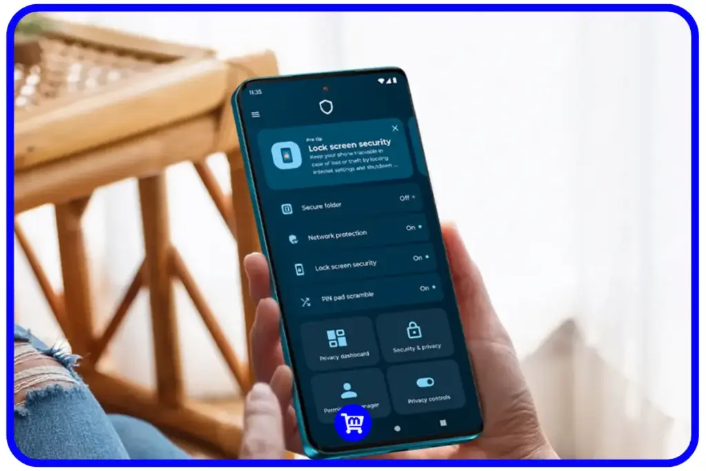 Interface Hello UX do Motorola Edge 60 Neo com Android 15 mostrando recursos de segurança e privacidade na tela