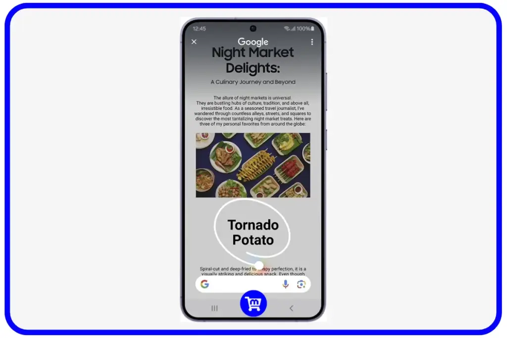 Galaxy S24 exibindo recurso Circle to Search do Google com Circle to Search circulando comida em artigo sobre mercados noturnos