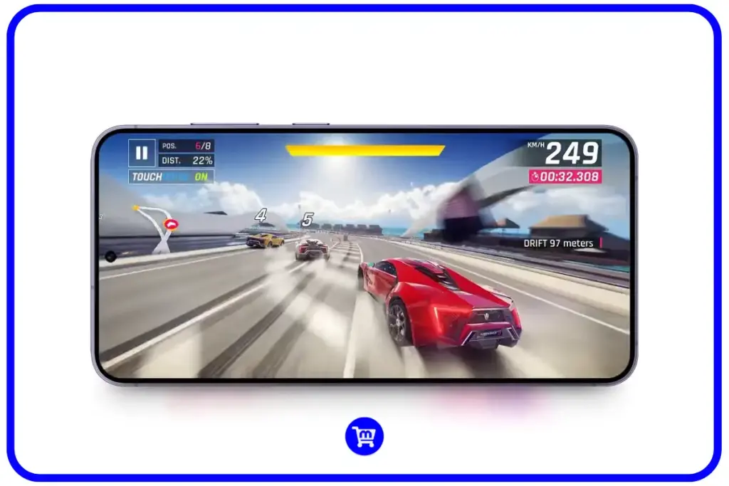Tela Dynamic AMOLED do Galaxy S24 exibindo jogo de corrida Asphalt 9 com gráficos em alta qualidade e taxa de 120Hz