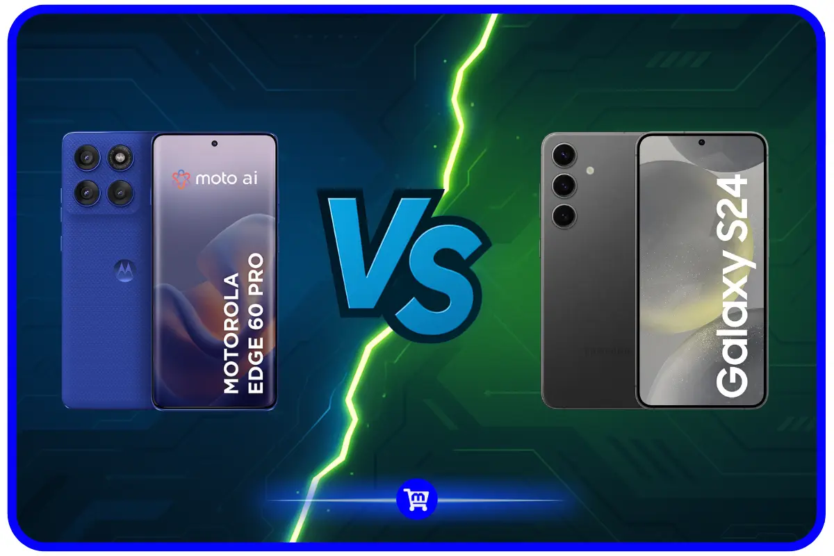 Edge 60 Pro vs Galaxy S24 comparativo mostrando Motorola Edge 60 Pro azul à esquerda e Samsung Galaxy S24 cinza à direita com raio central