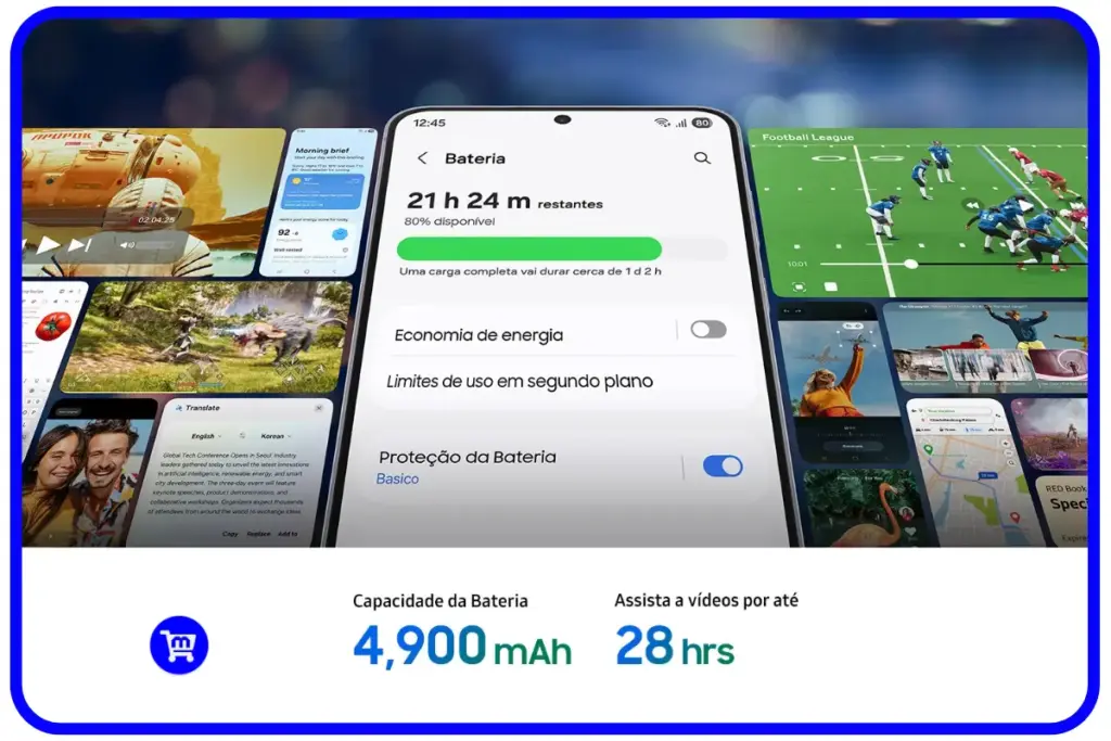 Galaxy S25 FE exibindo tela de status da bateria com 4900 mAh e autonomia de até 28 horas