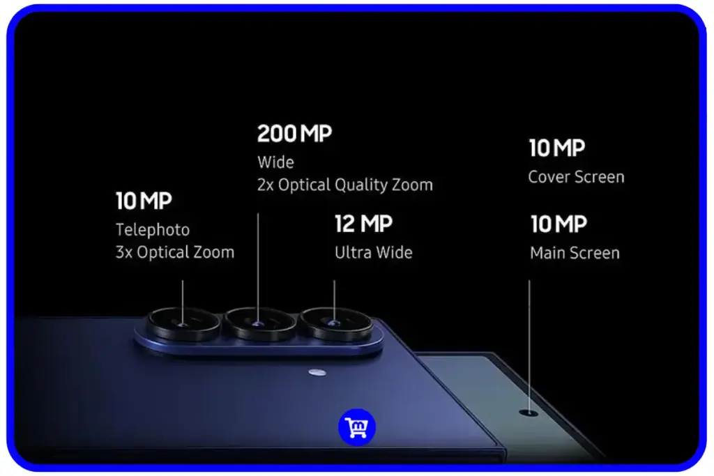 Sistema de câmeras do Galaxy Z Fold 7 com sensor principal de 200MP, ultrawide 12MP, teleobjetiva 10MP e câmeras frontais de 10MP