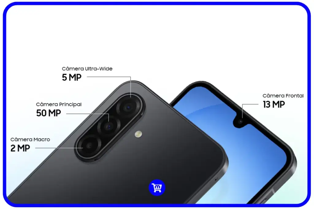 Galaxy A17 4G câmeras traseiras com câmera principal 50MP, ultrawide 5MP, macro 2MP e câmera frontal 13MP