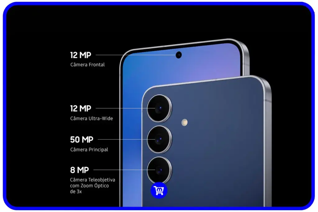 Sistema de câmeras do Galaxy S25 FE com câmera principal 50MP, ultrawide 12MP e teleobjetiva 8MP com zoom óptico 3x