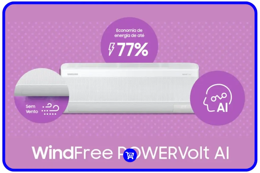 Samsung Wind Free POWERVolt AI mostrando economia de 77%, tecnologia sem vento e inteligência artificial para controle de climatização