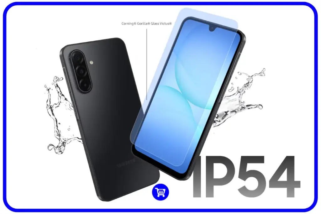 Samsung Galaxy A17 4G em cor preta com certificação IP54 e proteção Corning Gorilla Glass Victus