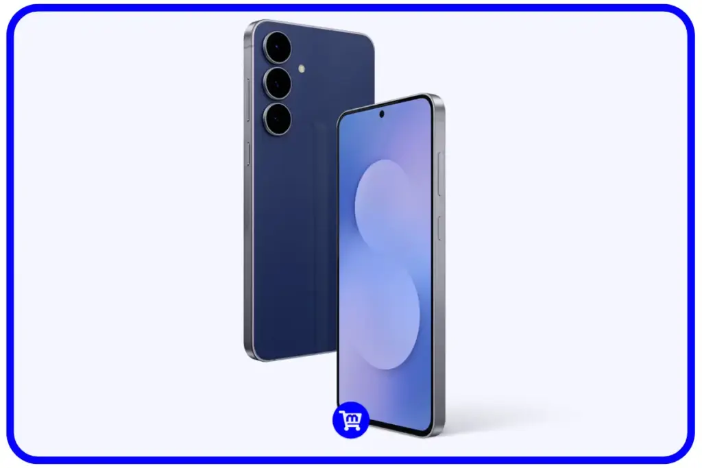 Galaxy S25 FE na cor azul escuro mostrando design frontal e traseiro com módulo de câmera tripla