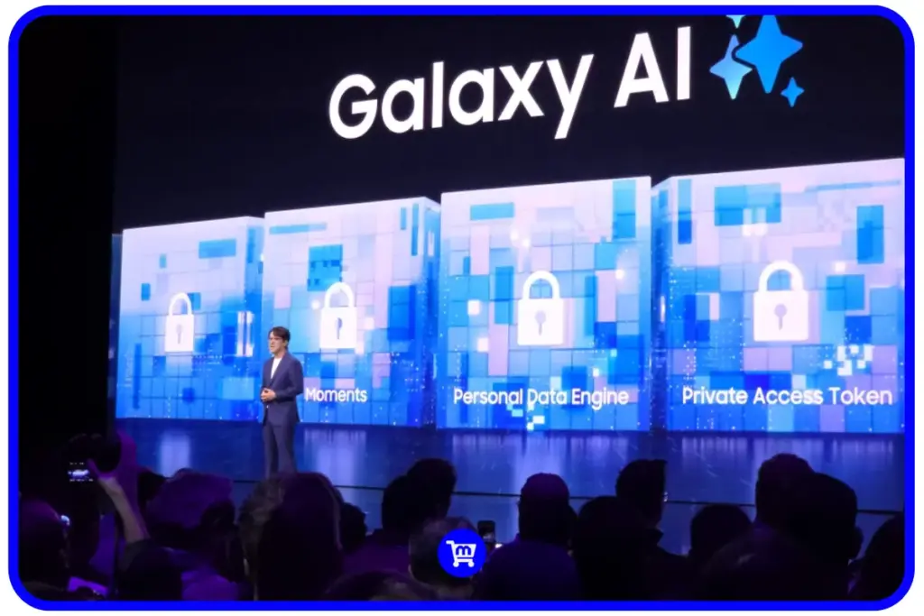 Apresentação do Galaxy AI no Galaxy Unpacked 2026, com destaque para os pilares de segurança: Moments, Personal Data Engine e Private Access Token