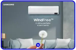 Vale a pena comprar o ar-condicionado Samsung Wind Free? Aparelho branco instalado em quarto moderno com mensagem "O clima perfeito e sem vento"