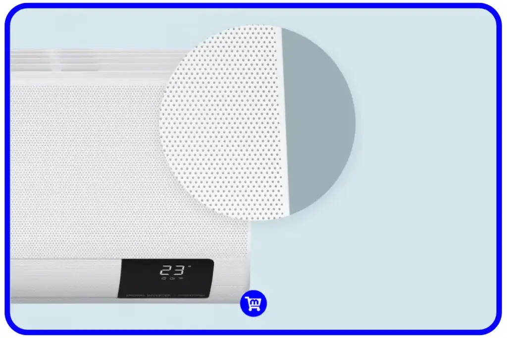 Close dos 23.000 microfuros da tecnologia Samsung Wind Free que dispersam ar uniformemente sem vento direto