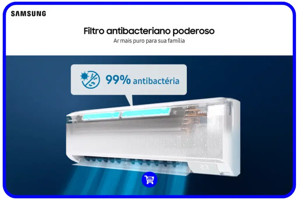 Sistema de filtro antibacteriano do Samsung Wind Free eliminando 99% das bactérias do ar com tecnologia de purificação avançada