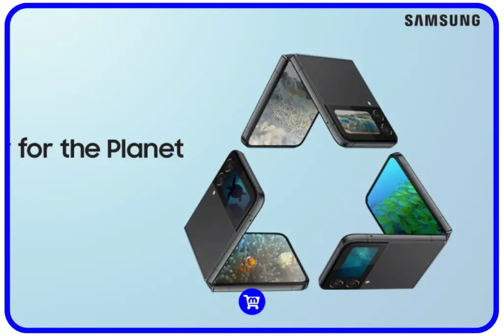 Campanha Galaxy for the Planet da Samsung, com três smartphones dobráveis formando o símbolo de reciclagem, com imagens de fundo do oceano e fauna marinha