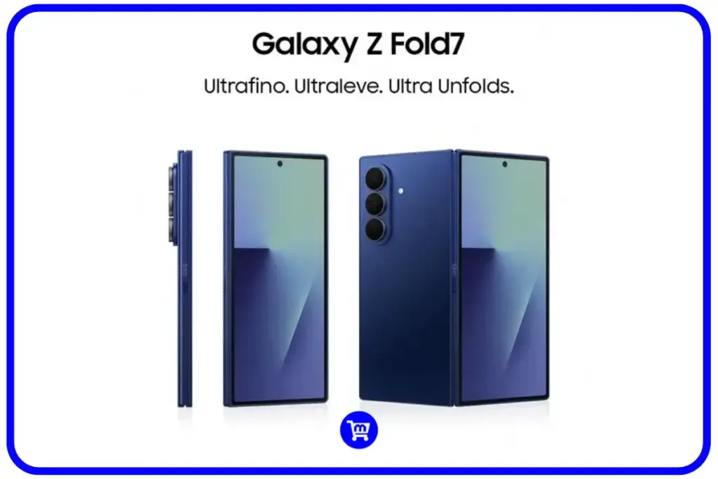 Galaxy Z Fold 7 em três posições mostrando tela externa de 6,5 polegadas, dispositivo fechado e tela interna de 8 polegadas