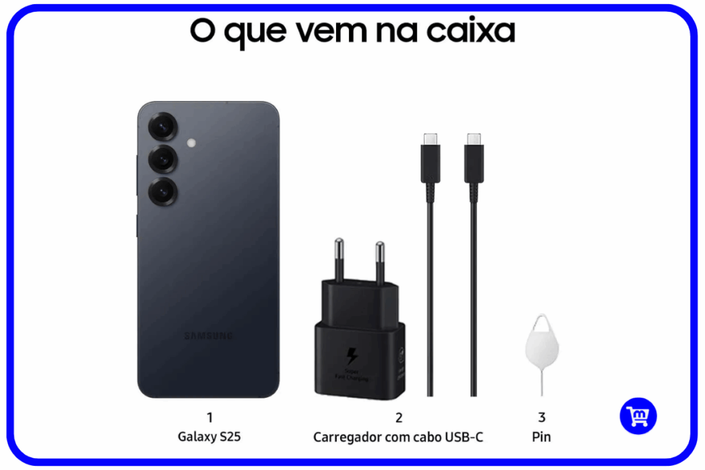 Galaxy S25 Plus Vale a Pena em 2026? Análise da Ficha Técnica 8 Galaxy S25 Plus com carregador USB-C 25W incluso na caixa e suporte a 45W com carregador externo