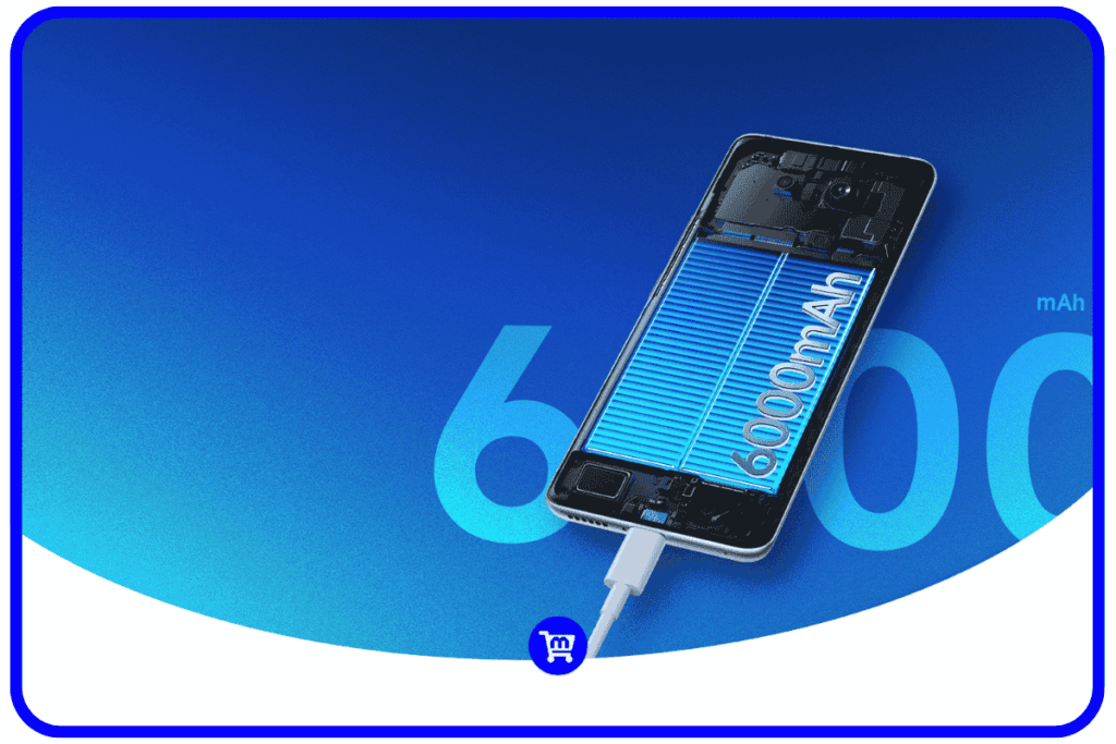 Redmi Note 15 4G é bom? Vale a pena a versão de entrada? 8 Bateria de 6000 mAh do Redmi Note 15 4G com carregamento 33W via cabo USB-C em fundo azul