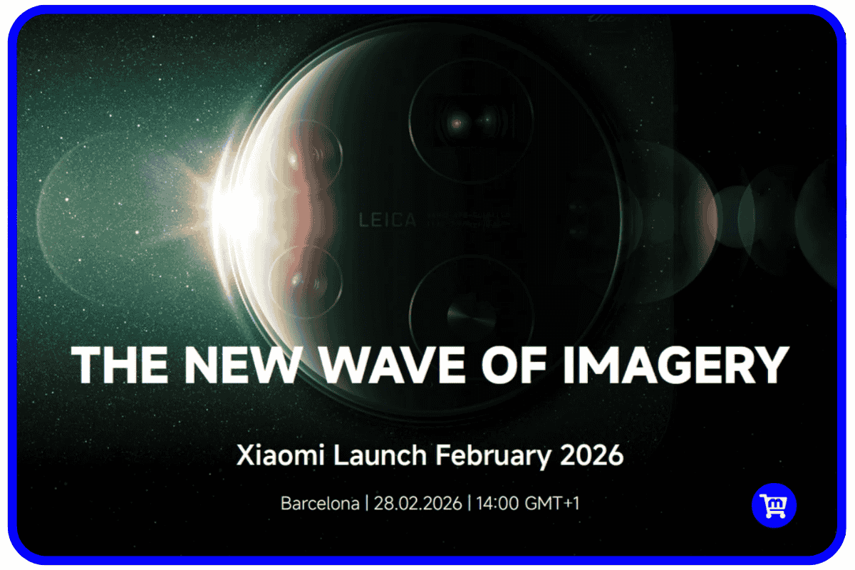 Banner oficial do Xiaomi Launch 2026 com a frase "The New Wave of Imagery" sobre fundo espacial escuro com módulo de câmera Leica ao centro