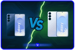 Galaxy S25 VS Galaxy S25 Plus comparativo mostrando Samsung Galaxy S25 azul à esquerda e S25 Plus prata à direita com raio central