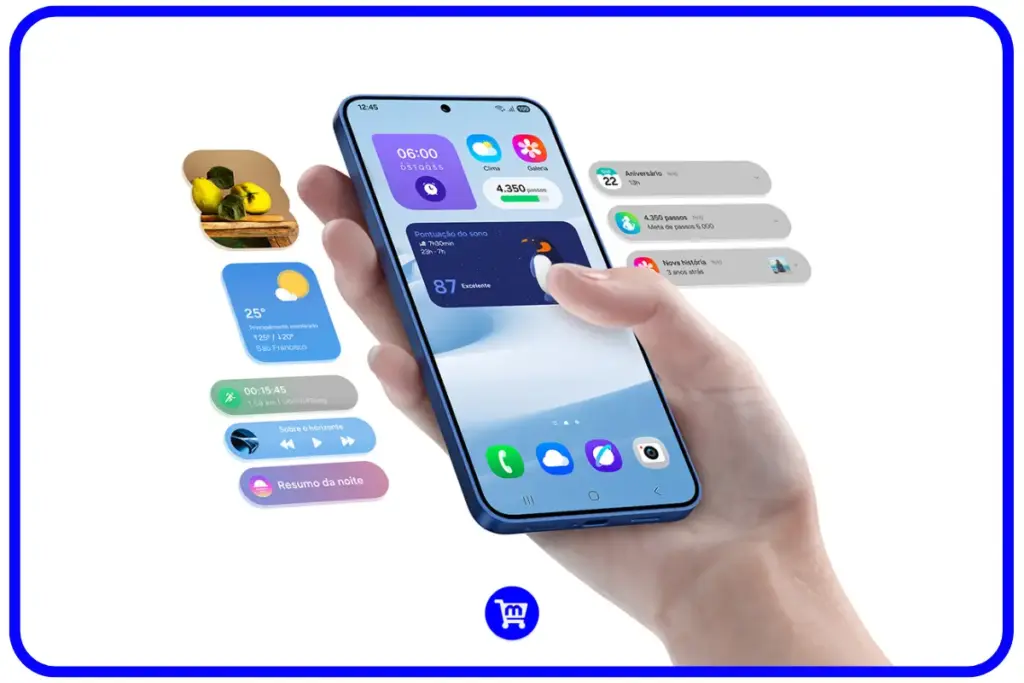 Galaxy S25 exibindo interface One UI 7 com widgets de Galaxy AI e Now Brief na tela inicial