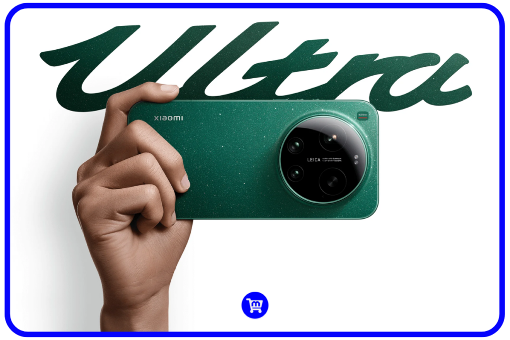 Mão segurando o Xiaomi 17 Ultra na cor verde com brilho estrelado, com o módulo de câmera Leica em destaque e a palavra Ultra ao fundo