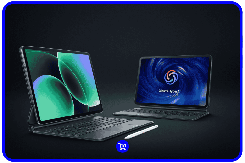 Dois Xiaomi Pad 8 Pro posicionados lado a lado com teclado acoplado, mostrando o design ultrafino do tablet e o logo do Xiaomi HyperAI na tela