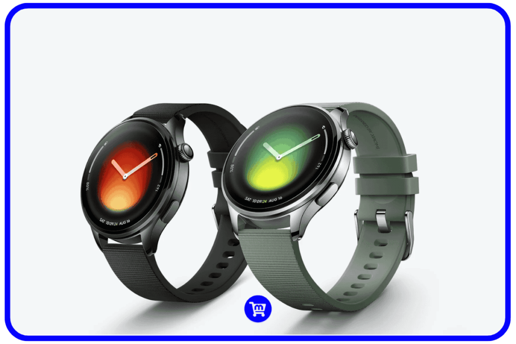Dois Xiaomi Watch 5 lado a lado, um com pulseira preta e outro com pulseira verde, exibindo mostradores coloridos com gradiente