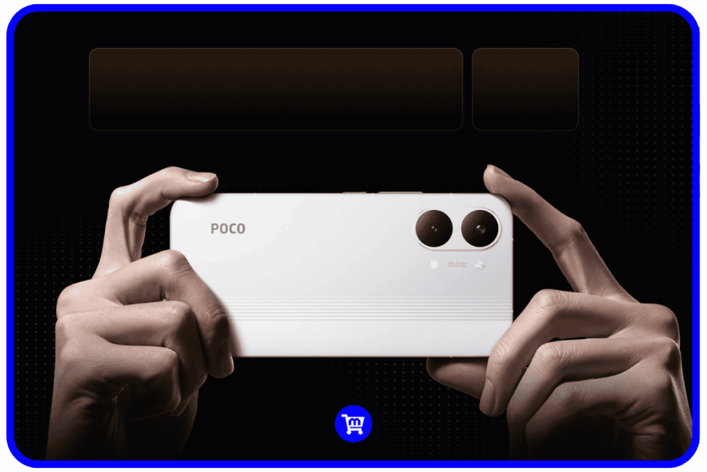 Traseira do Poco X8 Pro Max em branco com módulo de câmera dupla em destaque