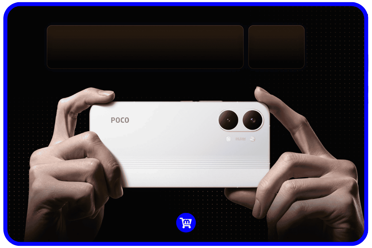 Traseira do Poco X8 Pro Max em branco com módulo de câmera dupla em destaque