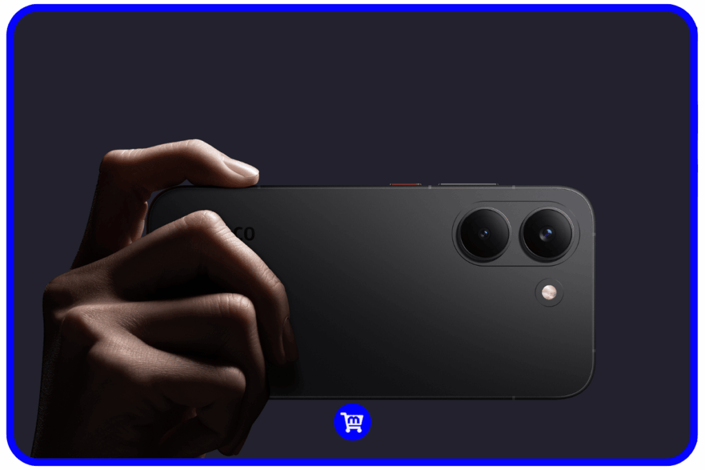 Traseira do Poco X8 Pro em preto destacando o conjunto de câmeras duplas