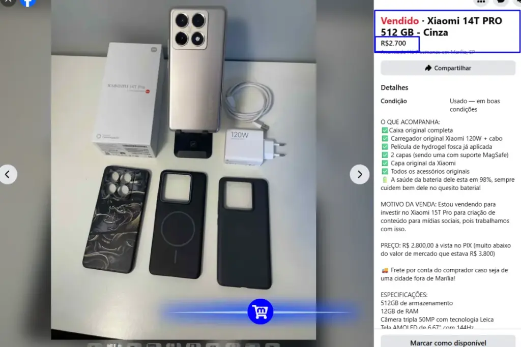 Anúncio do Xiaomi 14T Pro 512 GB no Facebook Marketplace por R$ 2.700