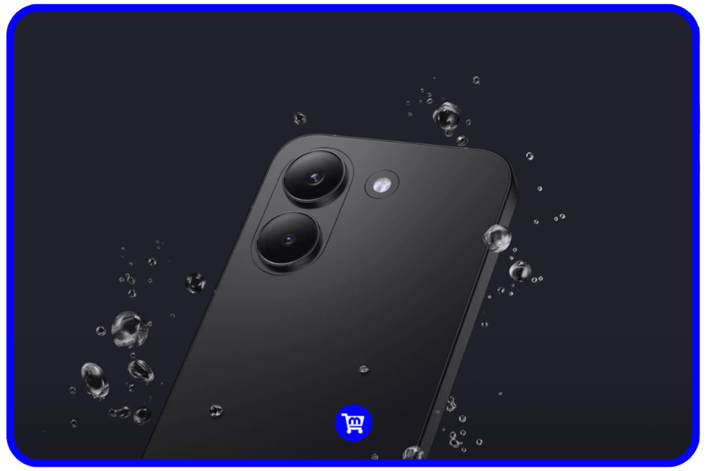 Traseira do Poco X8 Pro em preto com gotas d'água evidenciando a certificação IP68