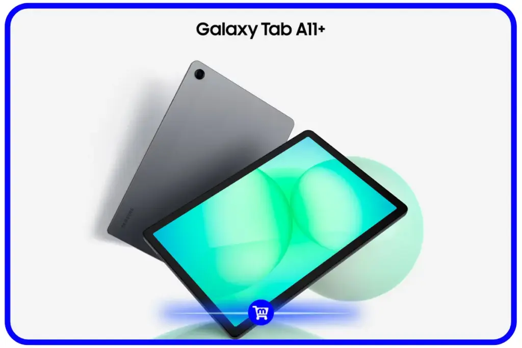 Samsung Galaxy Tab A11 Plus na cor grafite, visto de frente com a tela ligada e de tras